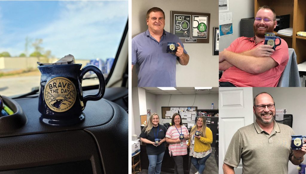 giving mugs to truckers