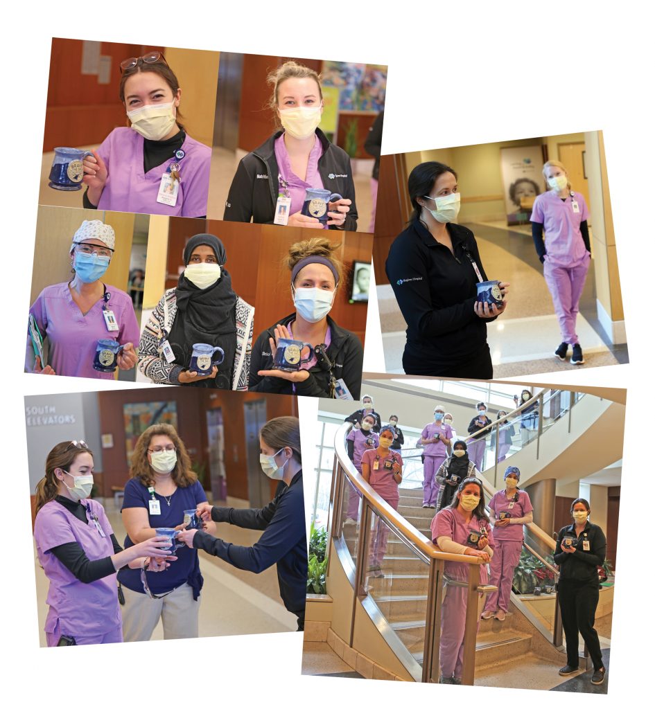 giving mugs to nurses